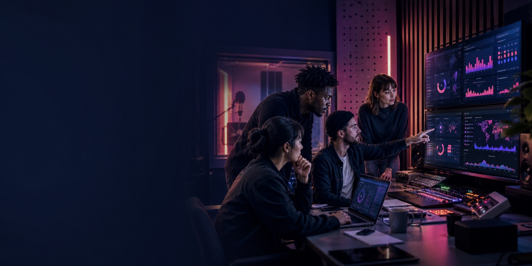 Creative music marketing team working together in a contemporary studio